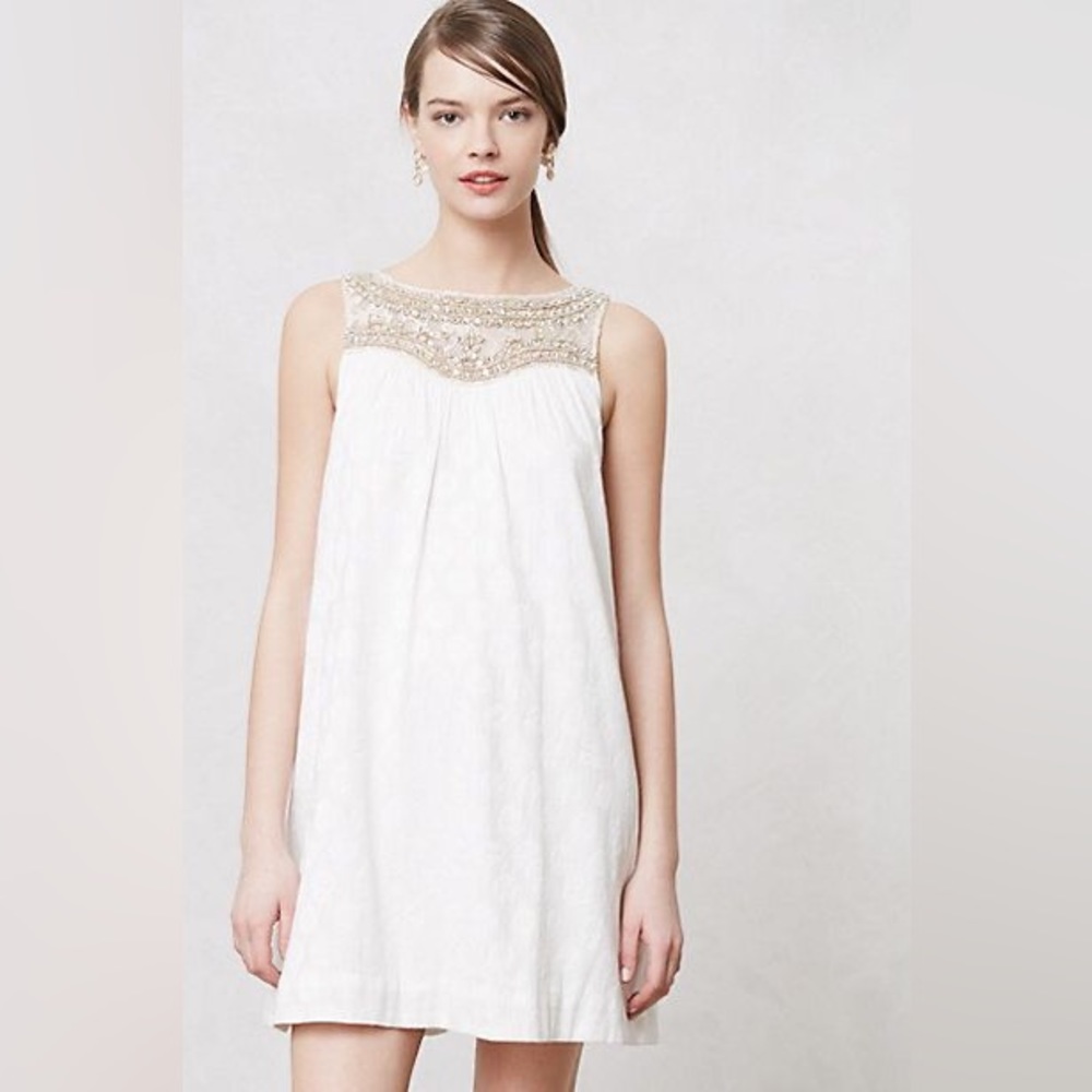 Anthropologies Maeve brand Grace White Beaded sleeveless Knee Dress-Size 4
